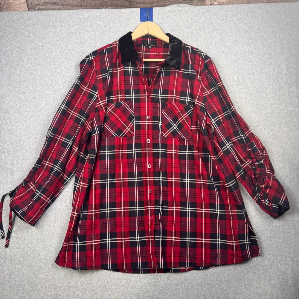 John Mark Shirt Womens XL Red Plaid Velvet Collar Ruched Tie Cuffs Button Down